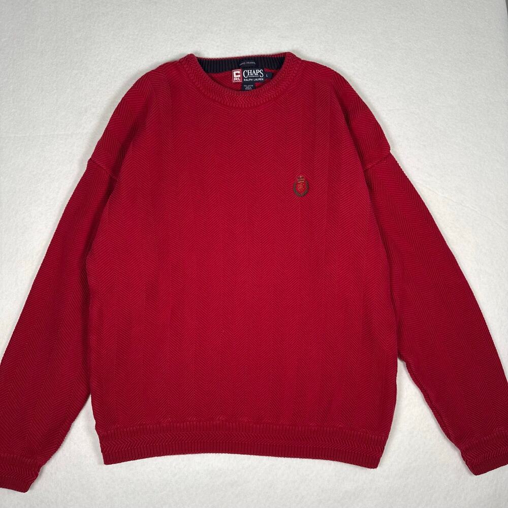 Vintage Chaps Ralph Lauren Sweater‎ Size Large Red Herringbone Crew Neck Crest